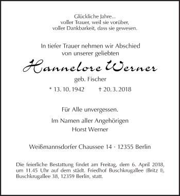 Traueranzeige von Hannelore Werner von Tagesspiegel