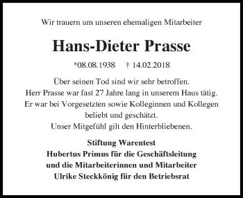 Traueranzeige von Hans-Dieter Prasse von Tagesspiegel
