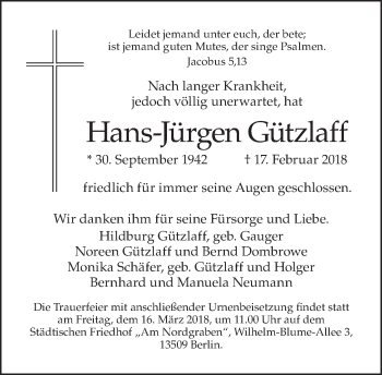 Traueranzeige von Hans-Jürgen Gützlaff von Tagesspiegel