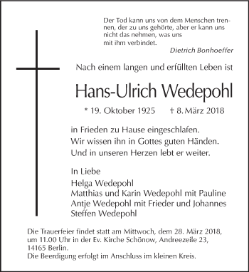 Traueranzeige von Hans-Ulrich Wedepohl von Tagesspiegel