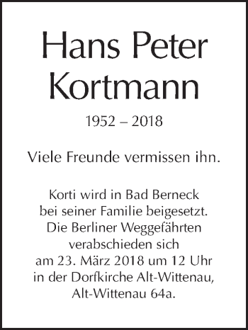 Traueranzeige von Hans Peter Kortmann von Tagesspiegel