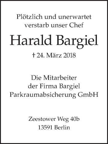 Traueranzeige von Harald Bargiel von Tagesspiegel