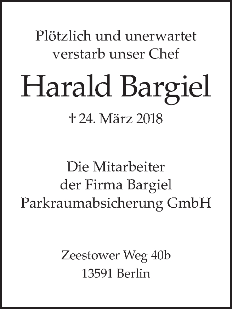  Traueranzeige für Harald Bargiel vom 01.04.2018 aus Tagesspiegel