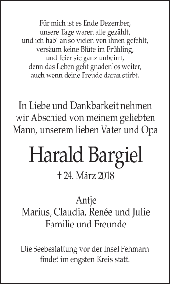 Traueranzeige von Harald Bargiel von Tagesspiegel