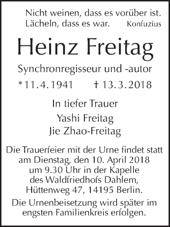 Traueranzeige von Heinz Freitag von Tagesspiegel