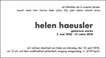 Traueranzeige von Helen Haeusler von Tagesspiegel