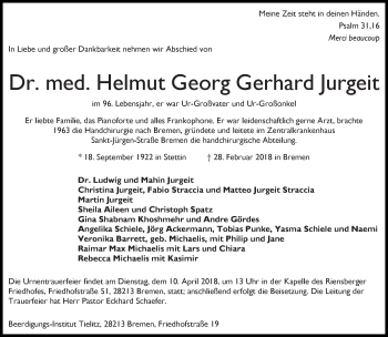 Traueranzeige von Helmut Georg Gerhard Jurgeit von Tagesspiegel