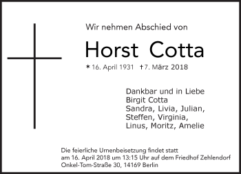 Traueranzeige von Horst Cotta von Tagesspiegel