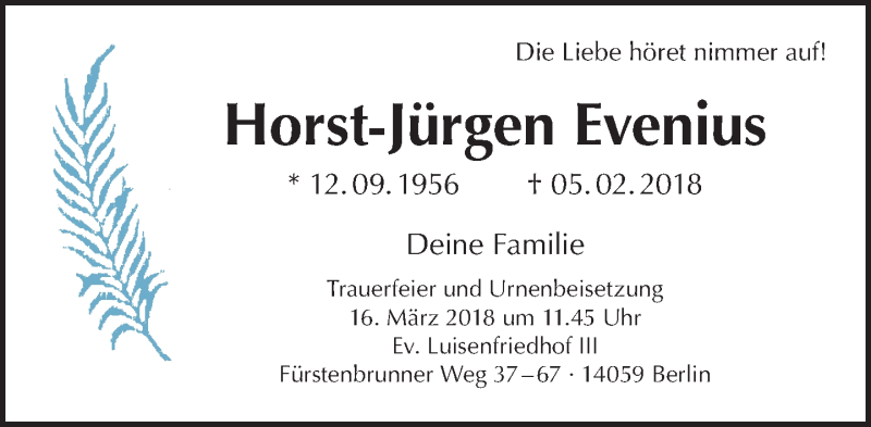  Traueranzeige für Horst-Jürgen Evenius vom 04.03.2018 aus Tagesspiegel