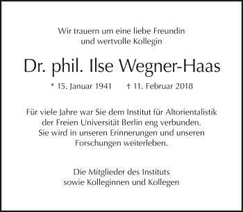Traueranzeige von Ilse Wegner-Haas von Tagesspiegel