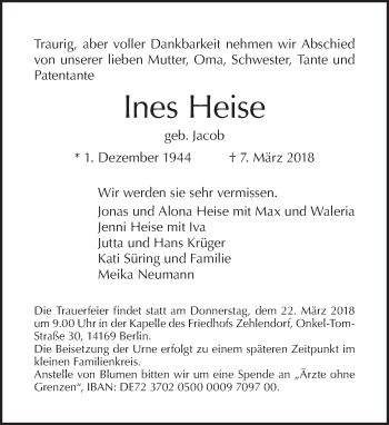 Traueranzeige von Ines Heise von Tagesspiegel