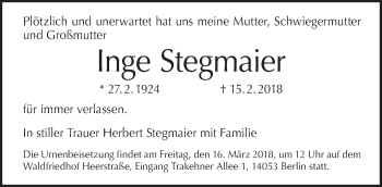 Traueranzeige von Inge Stegmaier von Tagesspiegel