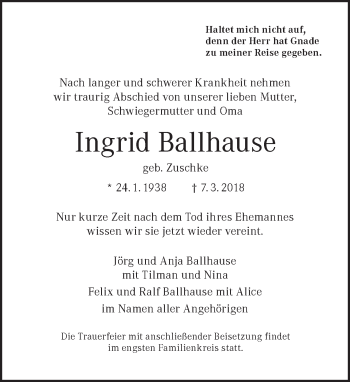 Traueranzeige von Ingrid Ballhause von Tagesspiegel