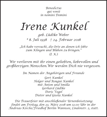 Traueranzeige von Irene Kunkel von Tagesspiegel