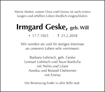 Traueranzeige von Irmgard Geske von Tagesspiegel
