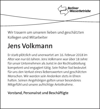 Traueranzeige von Jens Volkmann von Tagesspiegel