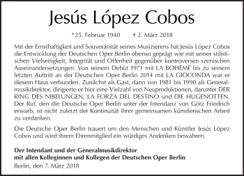 Traueranzeige von Jesus Lopez Cobos von Tagesspiegel
