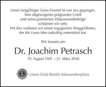 Traueranzeige von Joachim Petrasch von Tagesspiegel