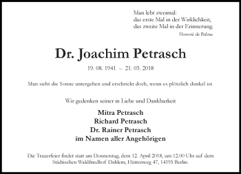 Traueranzeige von Joachim Petrasch von Tagesspiegel