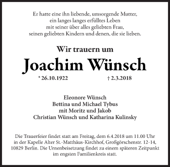 Traueranzeige von Joachim Wünsch von Tagesspiegel