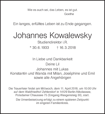 Traueranzeige von Johannes Kowalewsky von Tagesspiegel
