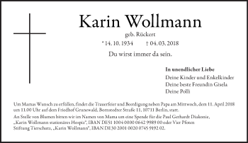 Traueranzeige von Karin Wollmann von Tagesspiegel