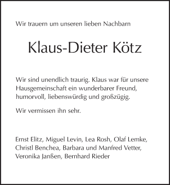 Traueranzeige von Klaus-Dieter Kötz von Tagesspiegel