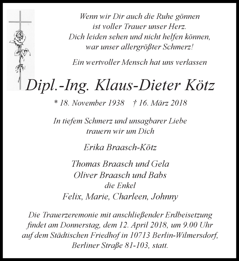  Traueranzeige für Klaus-Dieter Kötz vom 25.03.2018 aus Tagesspiegel