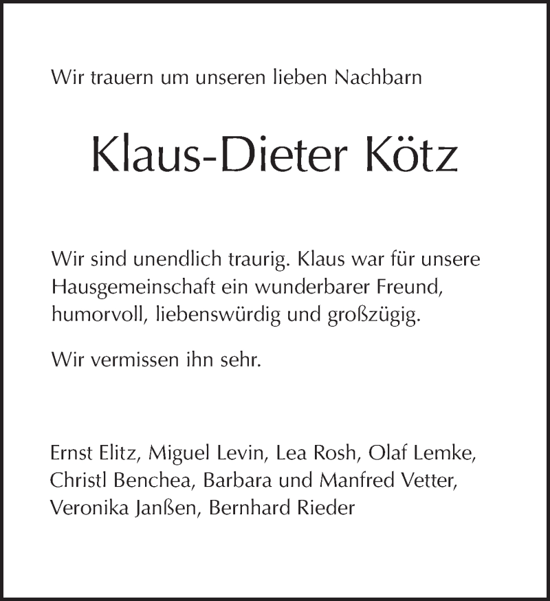  Traueranzeige für Klaus-Dieter Kötz vom 25.03.2018 aus Tagesspiegel