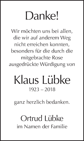 Traueranzeige von Klaus Lübke von Tagesspiegel