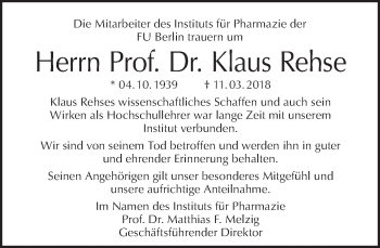 Traueranzeige von Klaus Rehse von Tagesspiegel
