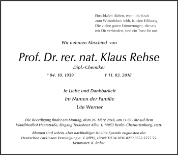Traueranzeige von Klaus Rehse von Tagesspiegel
