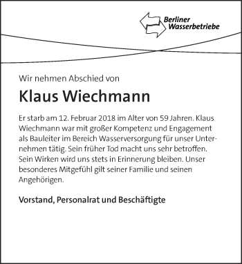 Traueranzeige von Klaus Wiechmann von Tagesspiegel