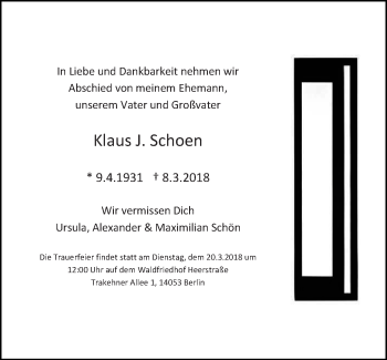 Traueranzeige von Klaus J. Schoen von Tagesspiegel