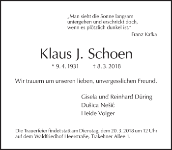 Traueranzeige von Klaus J. Schoen von Tagesspiegel
