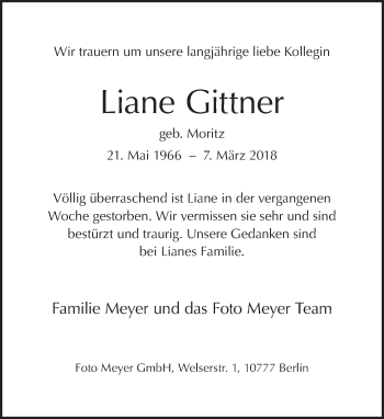 Traueranzeige von Liane Gittner von Tagesspiegel