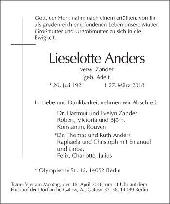 Traueranzeige von Lieselotte Anders von Tagesspiegel