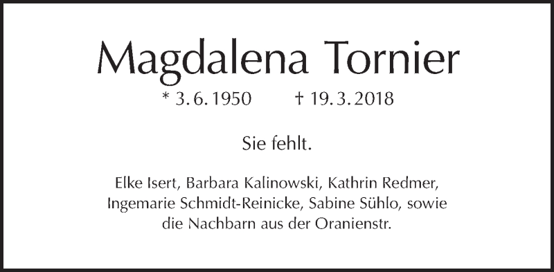  Traueranzeige für Magdalena Tornier vom 25.03.2018 aus Tagesspiegel