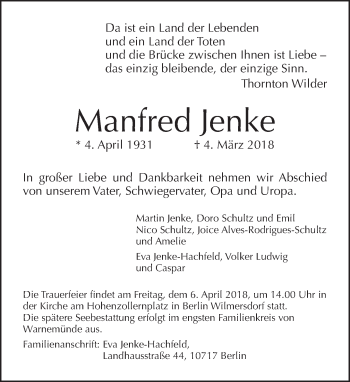 Traueranzeige von Manfred Jenke von Tagesspiegel