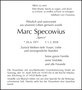 Traueranzeige von Marc Specowius von Tagesspiegel