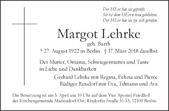 Traueranzeige von Margot Lehrke von Tagesspiegel