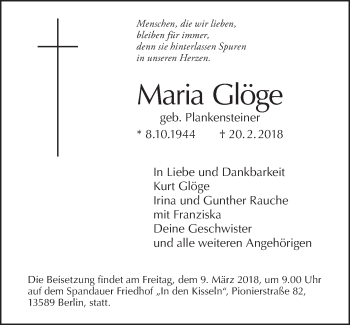 Traueranzeige von Maria Glöge von Tagesspiegel