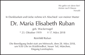 Traueranzeige von Maria Elisabeth Ruban von Tagesspiegel