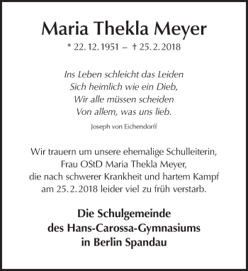 Traueranzeige von Maria Thekla Meyer von Tagesspiegel