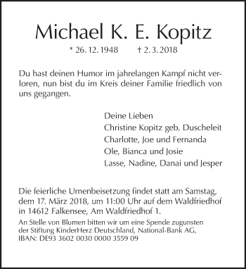 Traueranzeige von Michael Kopitz von Tagesspiegel