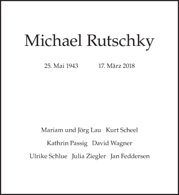 Traueranzeige von Michael Rutschky von Tagesspiegel