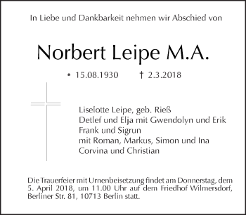 Traueranzeige von Norbert Leipe von Tagesspiegel