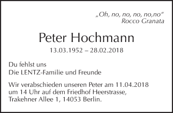 Traueranzeige von Peter Hochmann von Tagesspiegel