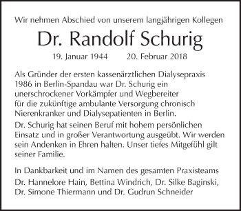 Traueranzeige von Randolf Schurig von Tagesspiegel