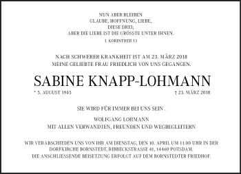 Traueranzeige von Sabine Knapp-Lohmann von Tagesspiegel